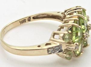 2272 Vintage: 9ct Gold Peridots Natural Diamonds Cluster Ring