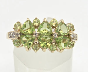 2272 Vintage: 9ct Gold Peridots Natural Diamonds Cluster Ring