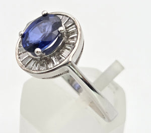 2356 18ct White Gold French Blue Sapphire 24 Natural Baguette Cut Diamonds Cluster