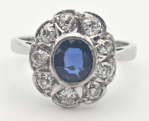 1865 Vintage: 18ct White Gold Ceylon Blue Sapphire Diamonds Cluster Ring