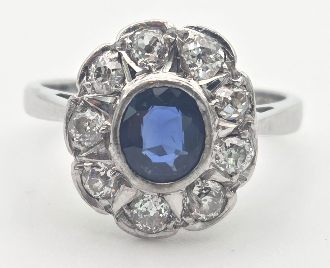 1865 Vintage: 18ct White Gold Ceylon Blue Sapphire Diamonds Cluster Ring