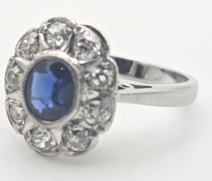 1865 Vintage: 18ct White Gold Ceylon Blue Sapphire Diamonds Cluster Ring