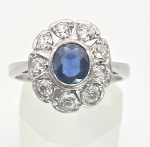 1865 Vintage: 18ct White Gold Ceylon Blue Sapphire Diamonds Cluster Ring