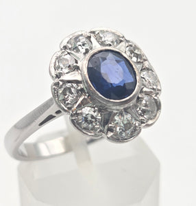 1865 Vintage: 18ct White Gold Ceylon Blue Sapphire Diamonds Cluster Ring