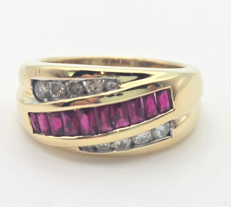 6443:Vintage 18ct Gold Rubies Natural Diamonds Tiered Crossover Ring