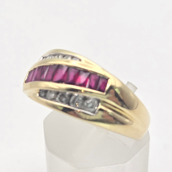 6443:Vintage 18ct Gold Rubies Natural Diamonds Tiered Crossover Ring