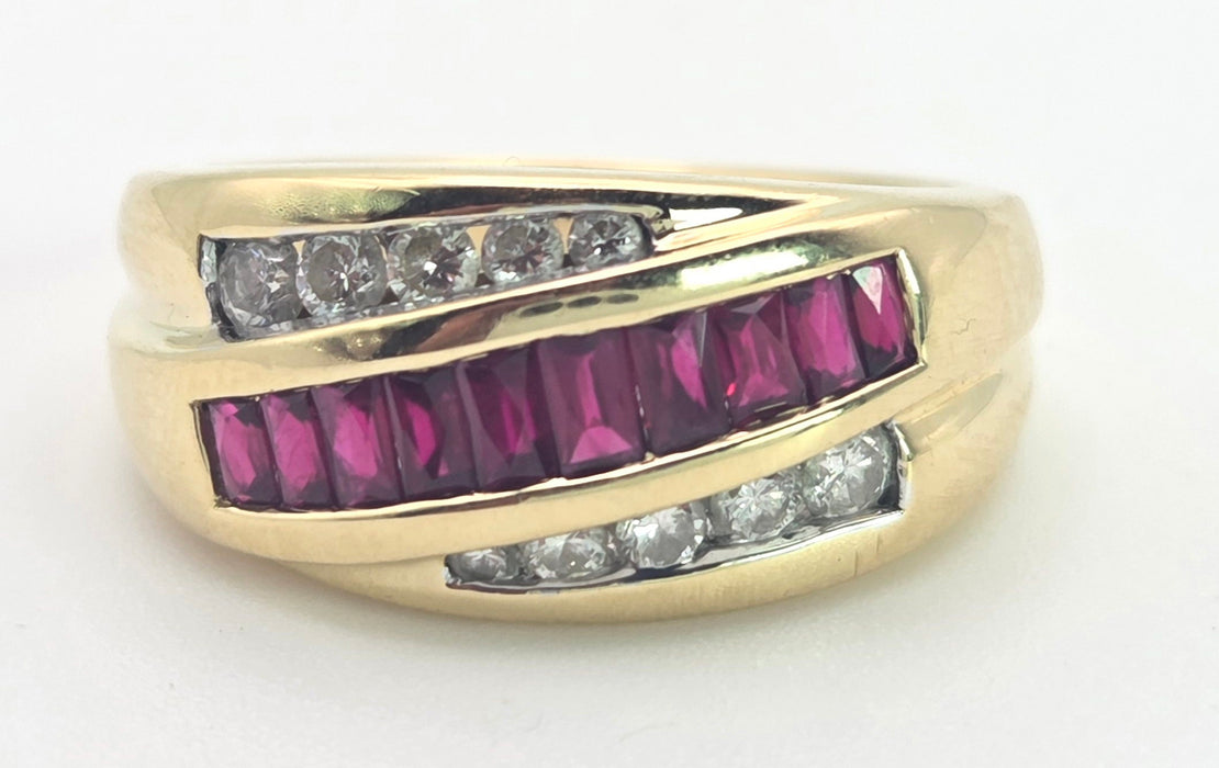 6443:Vintage 18ct Gold Rubies Natural Diamonds Tiered Crossover Ring