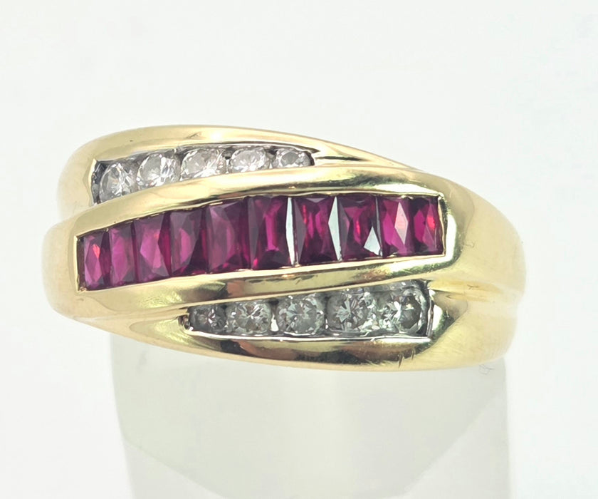 6443:Vintage 18ct Gold Rubies Natural Diamonds Tiered Crossover Ring