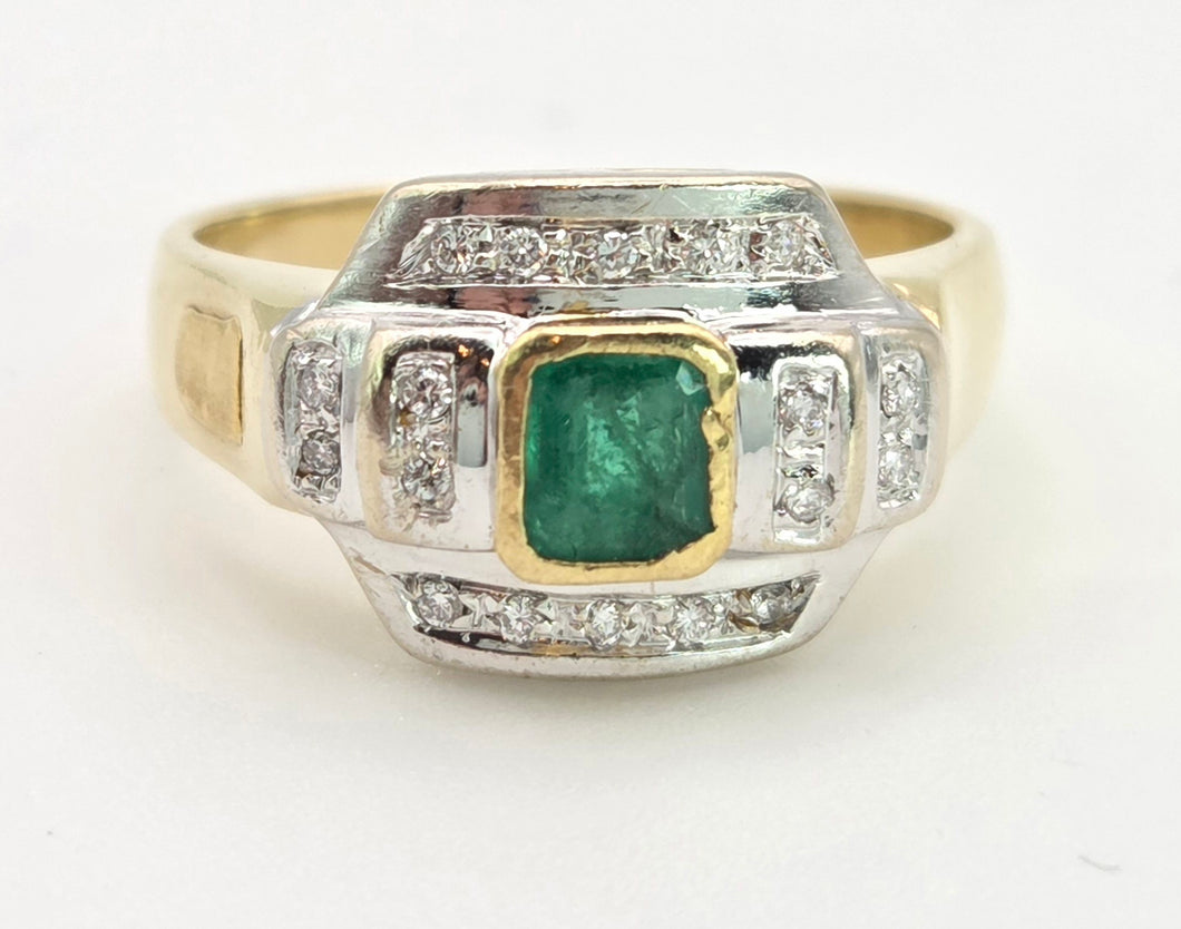 1949 Art  Deco Style 18ct Gold Emerald 18 Natural Diamonds Geometric Set Ring