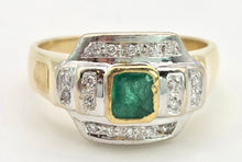 Cargar imagen en el visor de la galería, 1949 Art  Deco Style 18ct Gold Emerald 18 Natural Diamonds Geometric Set Ring
