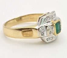 Cargar imagen en el visor de la galería, 1949 Art  Deco Style 18ct Gold Emerald 18 Natural Diamonds Geometric Set Ring
