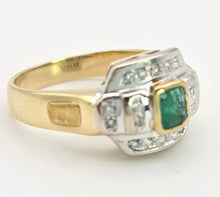 Cargar imagen en el visor de la galería, 1949 Art  Deco Style 18ct Gold Emerald 18 Natural Diamonds Geometric Set Ring
