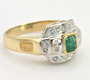 1949 Art  Deco Style 18ct Gold Emerald 18 Natural Diamonds Geometric Set Ring