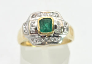 1949 Art  Deco Style 18ct Gold Emerald 18 Natural Diamonds Geometric Set Ring