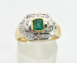 1949 Art  Deco Style 18ct Gold Emerald 18 Natural Diamonds Geometric Set Ring