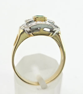 1949 Art  Deco Style 18ct Gold Emerald 18 Natural Diamonds Geometric Set Ring
