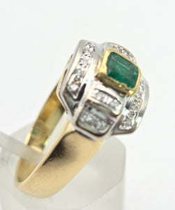 1949 Art  Deco Style 18ct Gold Emerald 18 Natural Diamonds Geometric Set Ring