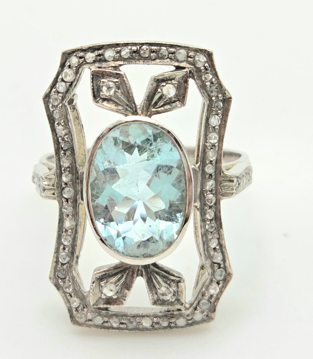2057 18ct White Gold Large Blue Aquamarine (2.41ct) Rose-Cut Diamonds  Art Deco Style Panel Ring