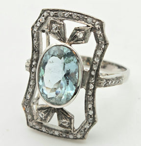 2057 18ct White Gold Large Blue Aquamarine (2.41ct) Rose-Cut Diamonds  Art Deco Style Panel Ring
