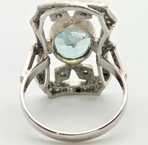 2057 18ct White Gold Large Blue Aquamarine (2.41ct) Rose-Cut Diamonds  Art Deco Style Panel Ring