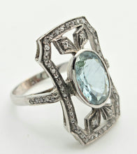 Cargar imagen en el visor de la galería, 2057 18ct White Gold Large Blue Aquamarine (2.41ct) Rose-Cut Diamonds  Art Deco Style Panel Ring
