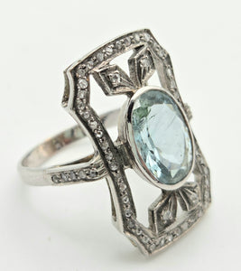 2057 18ct White Gold Large Blue Aquamarine (2.41ct) Rose-Cut Diamonds  Art Deco Style Panel Ring