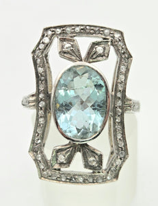2057 18ct White Gold Large Blue Aquamarine (2.41ct) Rose-Cut Diamonds  Art Deco Style Panel Ring