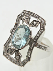 2057 18ct White Gold Large Blue Aquamarine (2.41ct) Rose-Cut Diamonds  Art Deco Style Panel Ring