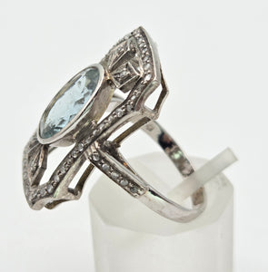 2057 18ct White Gold Large Blue Aquamarine (2.41ct) Rose-Cut Diamonds  Art Deco Style Panel Ring