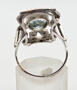 2057 18ct White Gold Large Blue Aquamarine (2.41ct) Rose-Cut Diamonds  Art Deco Style Panel Ring