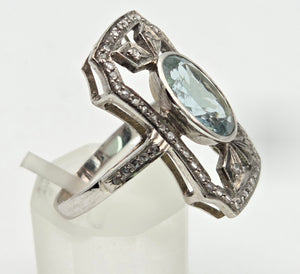 2057 18ct White Gold Large Blue Aquamarine (2.41ct) Rose-Cut Diamonds  Art Deco Style Panel Ring