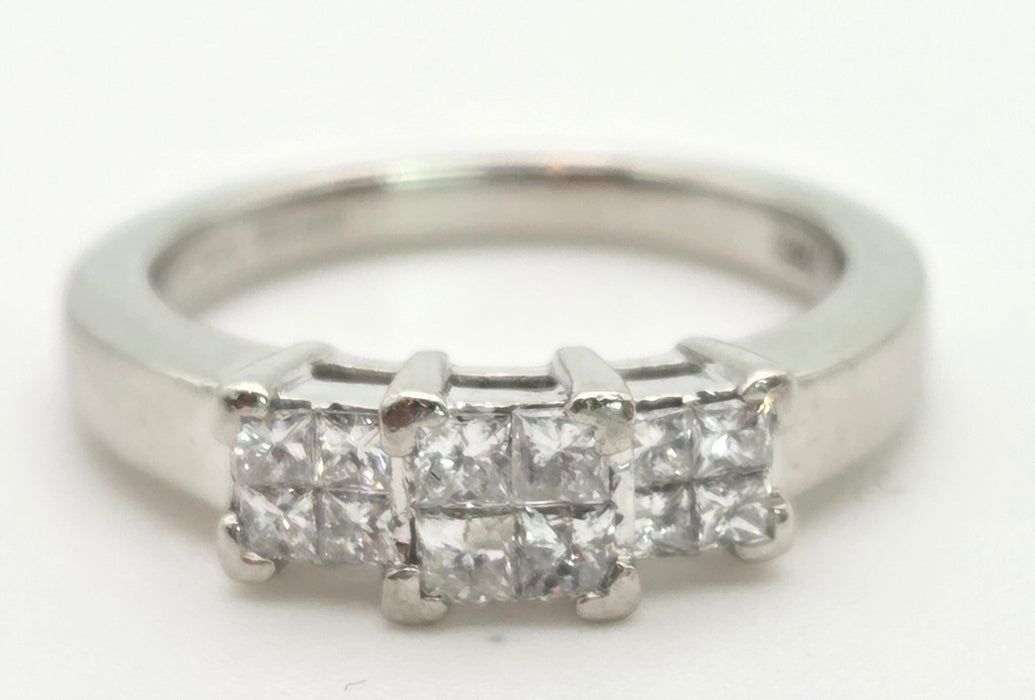 2199: Vintage Platinum Square Set Natural Diamonds Trilogy Set Ring