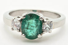 Load image into Gallery viewer, 2299 Vintage: Platinum Emerald (1.19ct) Diamonds (0.30ct) 3-Stone Ring
