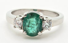 Load image into Gallery viewer, 2299 Vintage: Platinum Emerald (1.19ct) Diamonds (0.30ct) 3-Stone Ring
