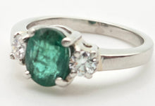 Load image into Gallery viewer, 2299 Vintage: Platinum Emerald (1.19ct) Diamonds (0.30ct) 3-Stone Ring
