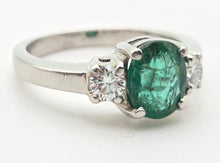 Load image into Gallery viewer, 2299 Vintage: Platinum Emerald (1.19ct) Diamonds (0.30ct) 3-Stone Ring
