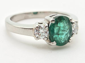 2299 Vintage: Platinum Emerald (1.19ct) Diamonds (0.30ct) 3-Stone Ring