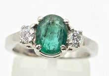 Load image into Gallery viewer, 2299 Vintage: Platinum Emerald (1.19ct) Diamonds (0.30ct) 3-Stone Ring
