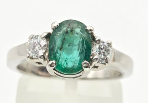 2299 Vintage: Platinum Emerald (1.19ct) Diamonds (0.30ct) 3-Stone Ring