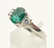 Load image into Gallery viewer, 2299 Vintage: Platinum Emerald (1.19ct) Diamonds (0.30ct) 3-Stone Ring
