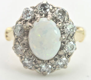 2340 Vintage: 18ct Gold Cabochon White Opal (1ct) Natural Diamonds (1ct) Cluster Ring