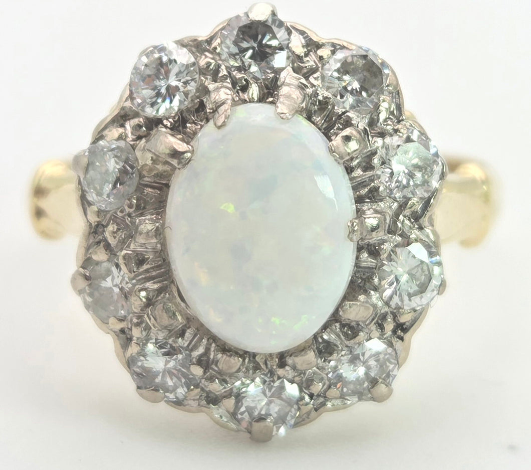 2340 Vintage: 18ct Gold Cabochon White Opal (1ct) Natural Diamonds (1ct) Cluster Ring