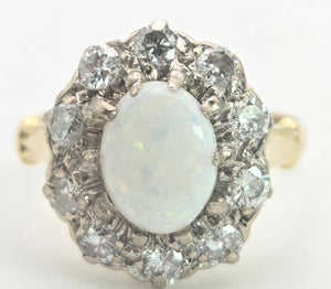 2340 Vintage: 18ct Gold Cabochon White Opal (1ct) Natural Diamonds (1ct) Cluster Ring