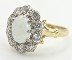 2340 Vintage: 18ct Gold Cabochon White Opal (1ct) Natural Diamonds (1ct) Cluster Ring