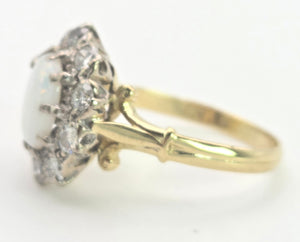 2340 Vintage: 18ct Gold Cabochon White Opal (1ct) Natural Diamonds (1ct) Cluster Ring