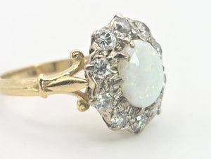 2340 Vintage: 18ct Gold Cabochon White Opal (1ct) Natural Diamonds (1ct) Cluster Ring
