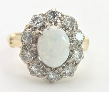 Cargar imagen en el visor de la galería, 2340 Vintage: 18ct Gold Cabochon White Opal (1ct) Natural Diamonds (1ct) Cluster Ring
