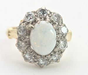 2340 Vintage: 18ct Gold Cabochon White Opal (1ct) Natural Diamonds (1ct) Cluster Ring