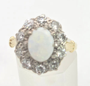 2340 Vintage: 18ct Gold Cabochon White Opal (1ct) Natural Diamonds (1ct) Cluster Ring