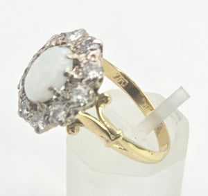 2340 Vintage: 18ct Gold Cabochon White Opal (1ct) Natural Diamonds (1ct) Cluster Ring